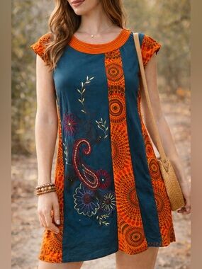 Boho Paisley Panel Tunic Dress in Teal and Orange